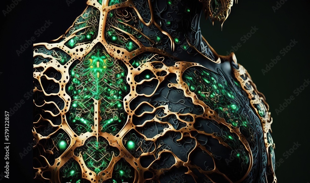  a close up of the back of a womans body with green and gold designs on its body and neck and shou