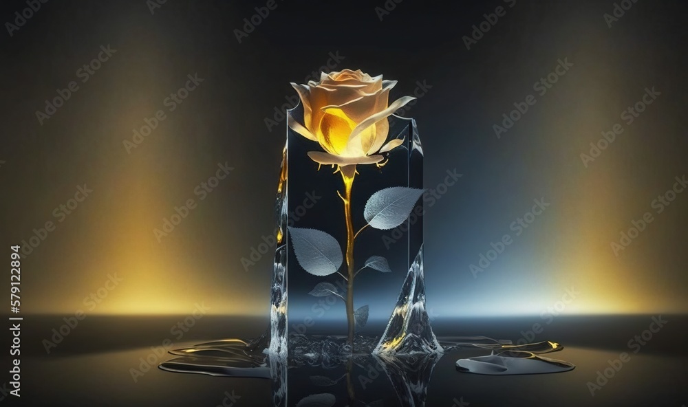  a glass vase with a yellow rose in it on a black surface with a reflection of the light coming from