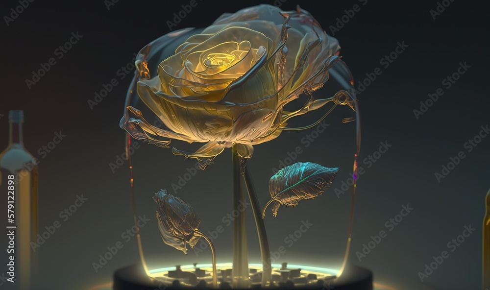  a glass vase with a rose inside of it and a bottle of wine in the background with a light shining o