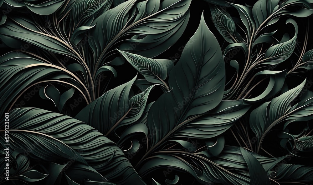  a close up of a green leafy pattern on a black background with a black background and a white backg