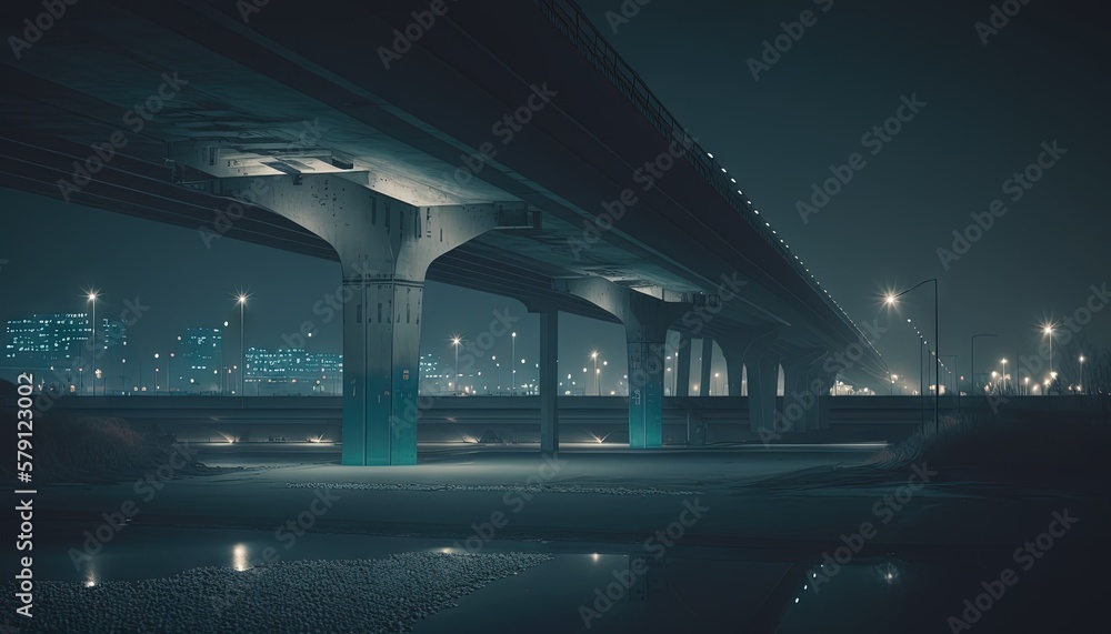  a bridge over a body of water at night with lights shining on the buildings in the distance and a b