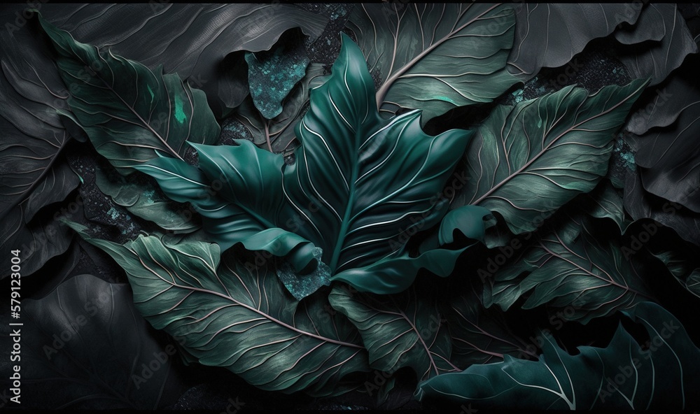  a painting of leaves on a black background with a green glow on the leaves of the plant in the cent