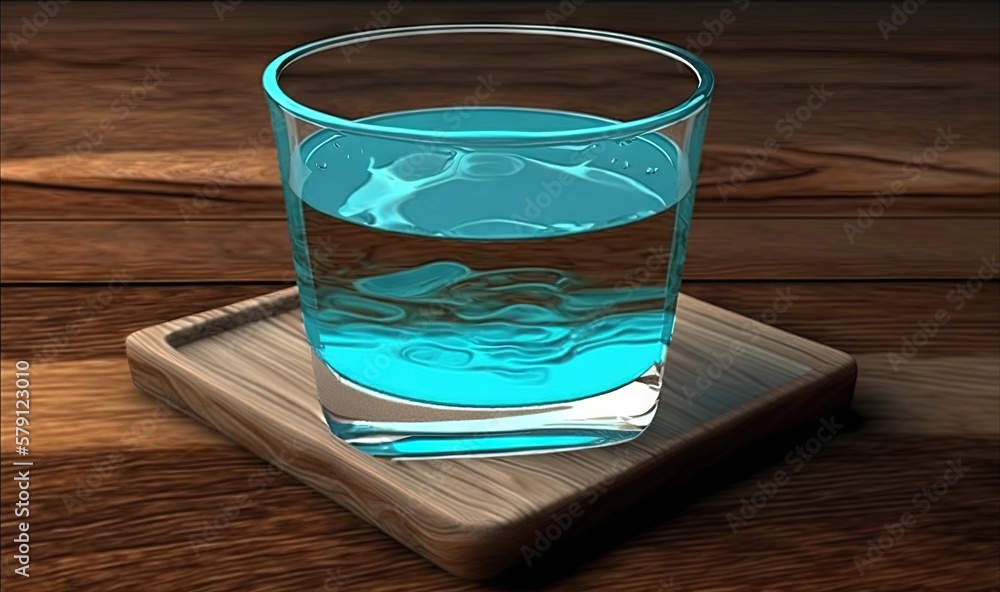  a glass of blue liquid sitting on a wooden tray on a wooden table with a wooden tray holding a wood