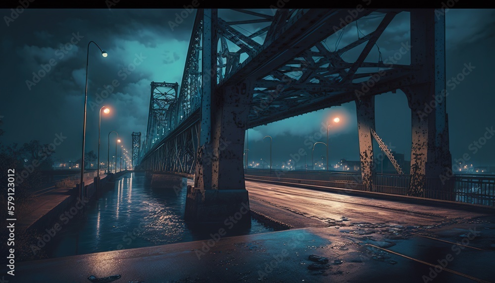  a night scene of a bridge with a street light and street lights on the side of the bridge and the w