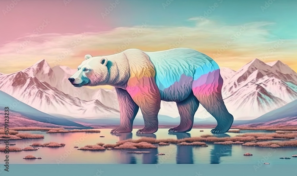  a painting of a polar bear standing on a lake with mountains in the background and a rainbow hued s