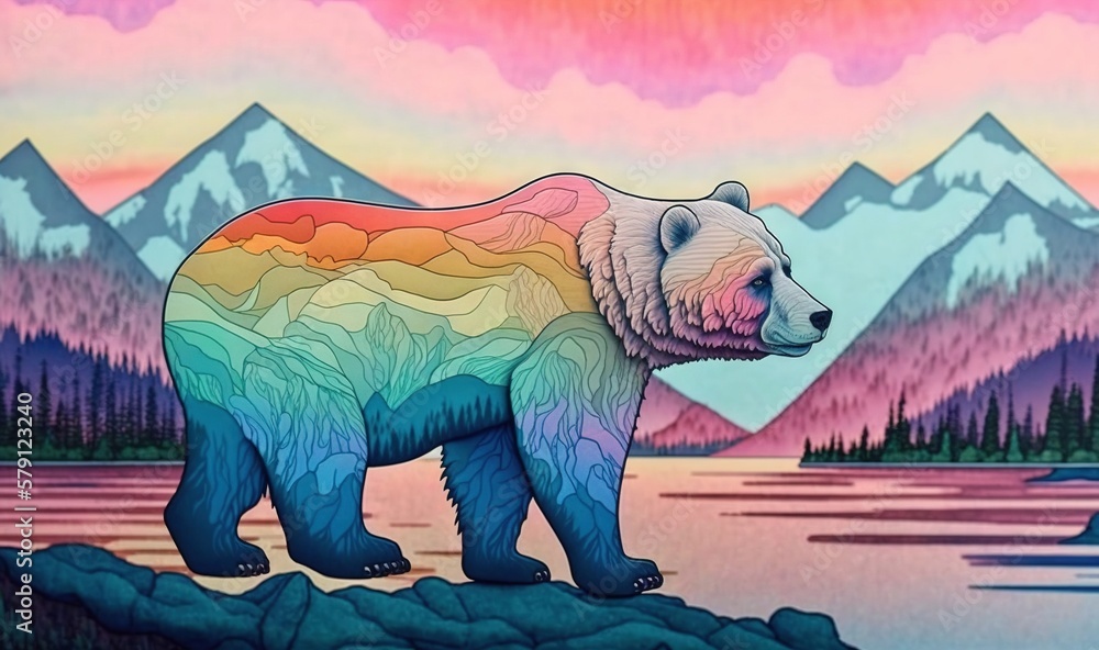  a painting of a bear standing on a rock in front of a mountain lake with a rainbow hued sky and mou