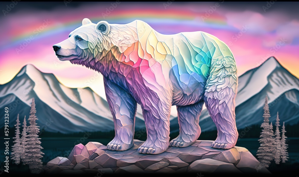  a painting of a polar bear standing on a rock with a rainbow in the sky above it and mountains in t