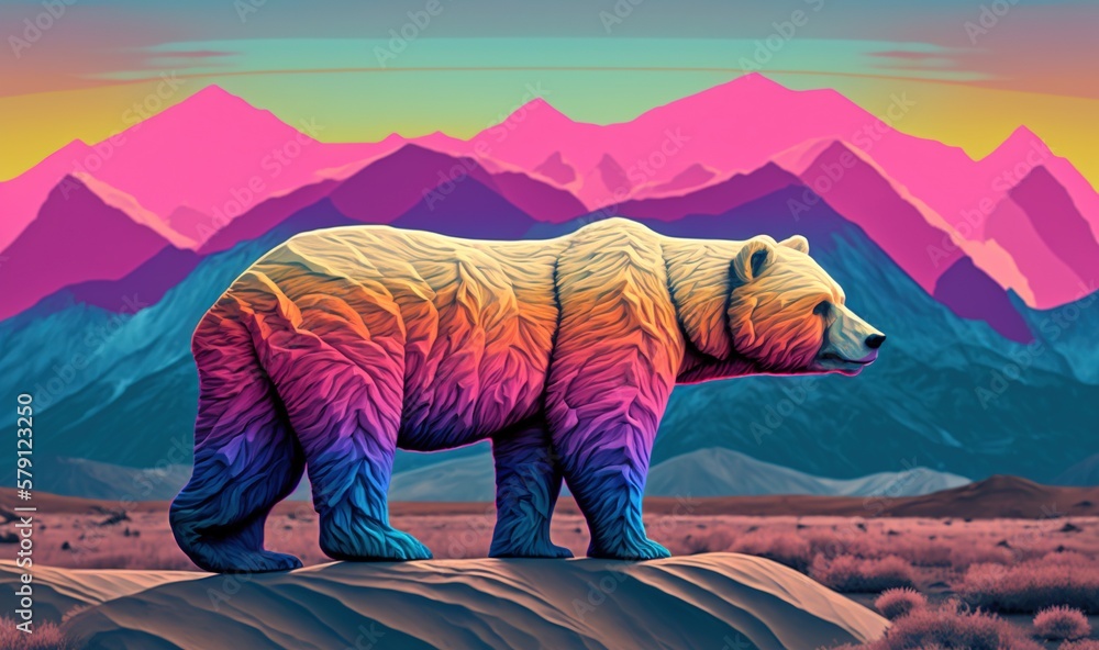  a painting of a bear standing on top of a hill in front of a mountain range with pink, blue, yellow