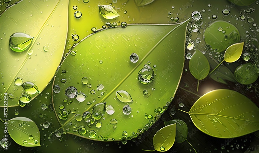  a close up of a green leaf with water droplets on its leaves and leaves on the outside of the leaf