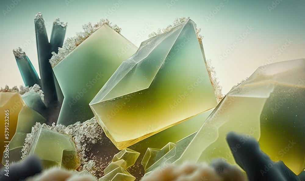  a bunch of ice crystals sitting on top of a pile of dirt and rocks in front of a blue sky with a fe