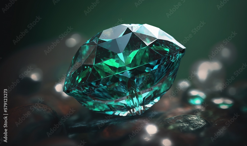  a large green diamond surrounded by many other jewels and stones on a black background with a green