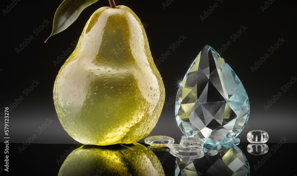  a pear and a pear shaped glass object on a reflective surface with a reflection of a pear on the gl