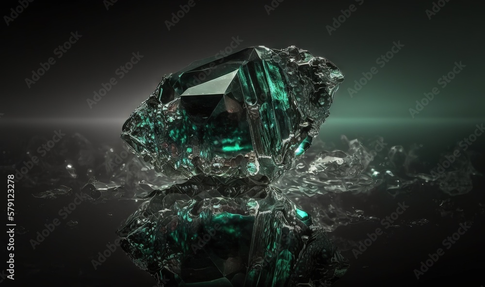  a very large green diamond on a reflective surface with a reflection of itself in the water, with a