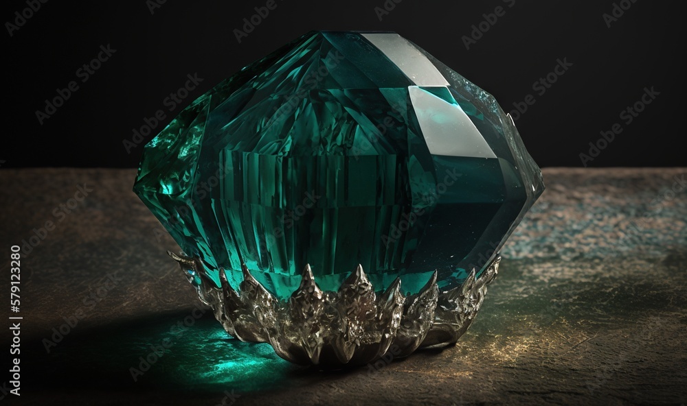  a large green diamond sitting on top of a table next to a black background and a black background w