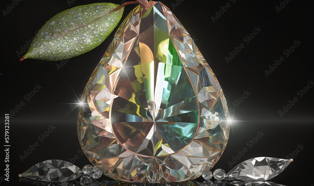  a pear shaped diamond with a green leaf on top of a black background with a reflection of the pear 