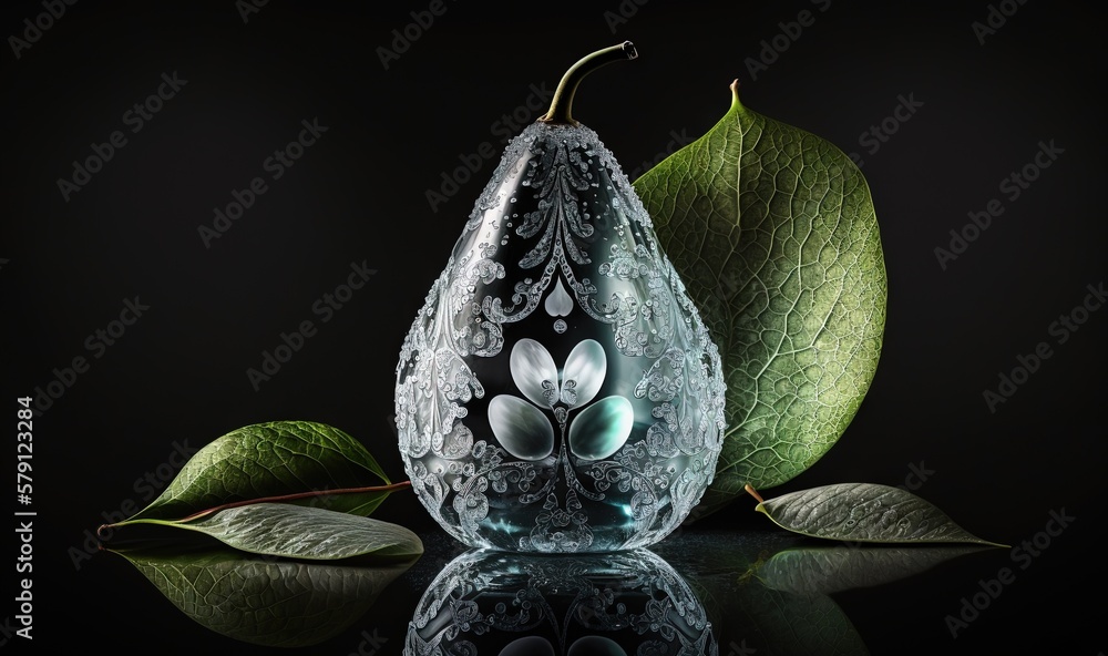  a glass vase with a flower and leaves on a reflective surface with a reflection of the vase on the 