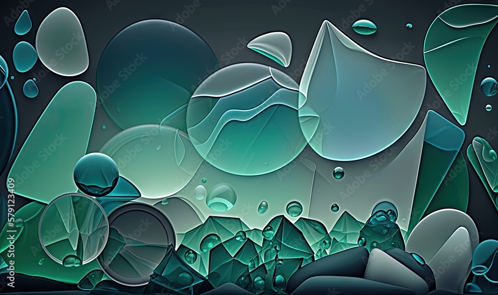  a digital painting of green and blue shapes and bubbles on a black background with a black backgrou