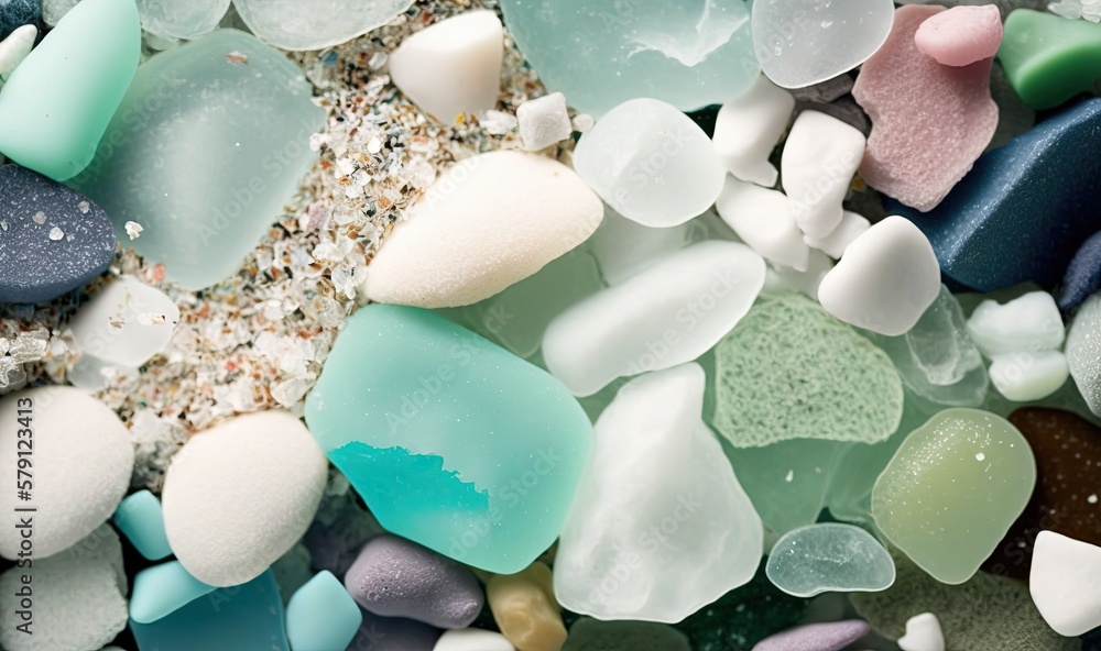  a pile of sea glass sitting on top of a sandy beach next to a starfish shell on top of a sandy beac