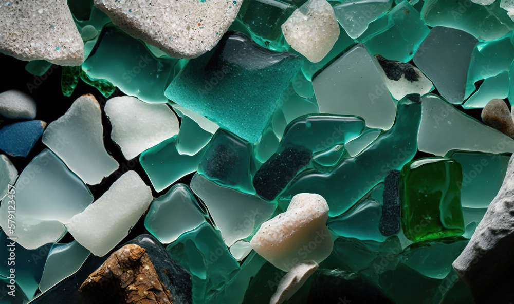  a pile of broken glass sitting on top of a black table next to a rock and a planter filled with roc