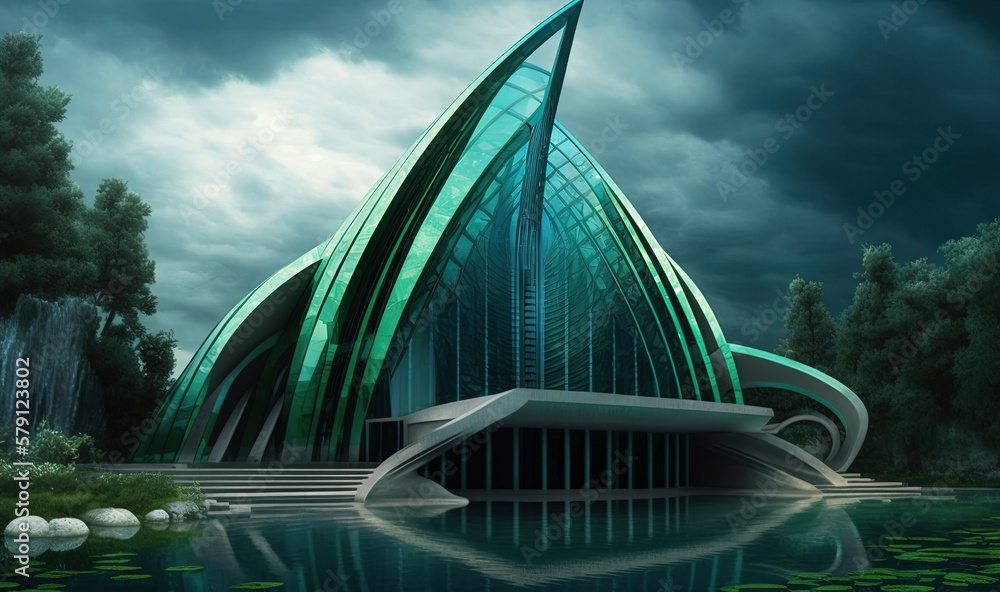  a futuristic building with a waterfall in the middle of the ground and a body of water in front of 