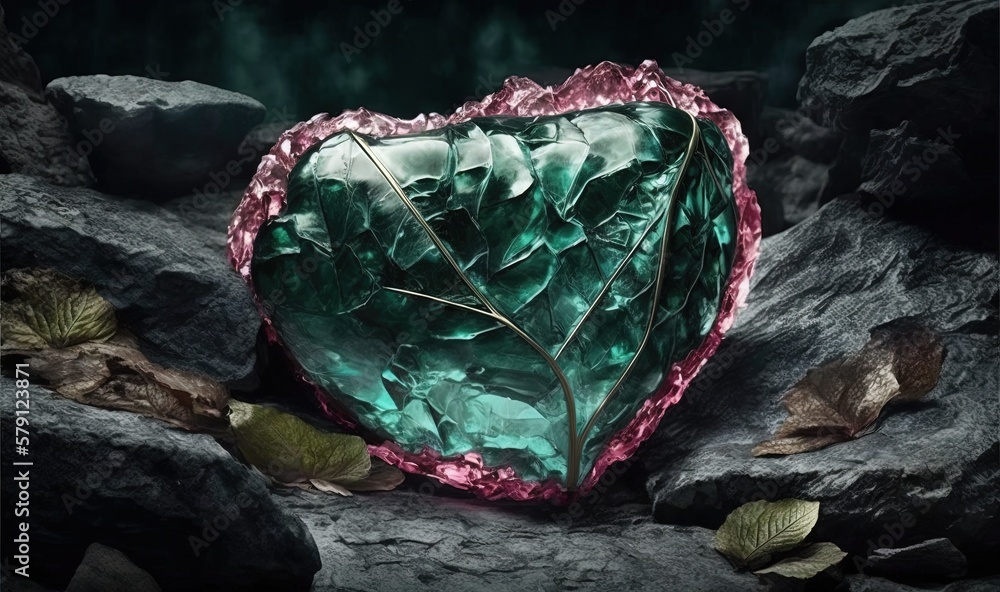  a heart shaped piece of green glass surrounded by rocks and leaves on a black background with a gre