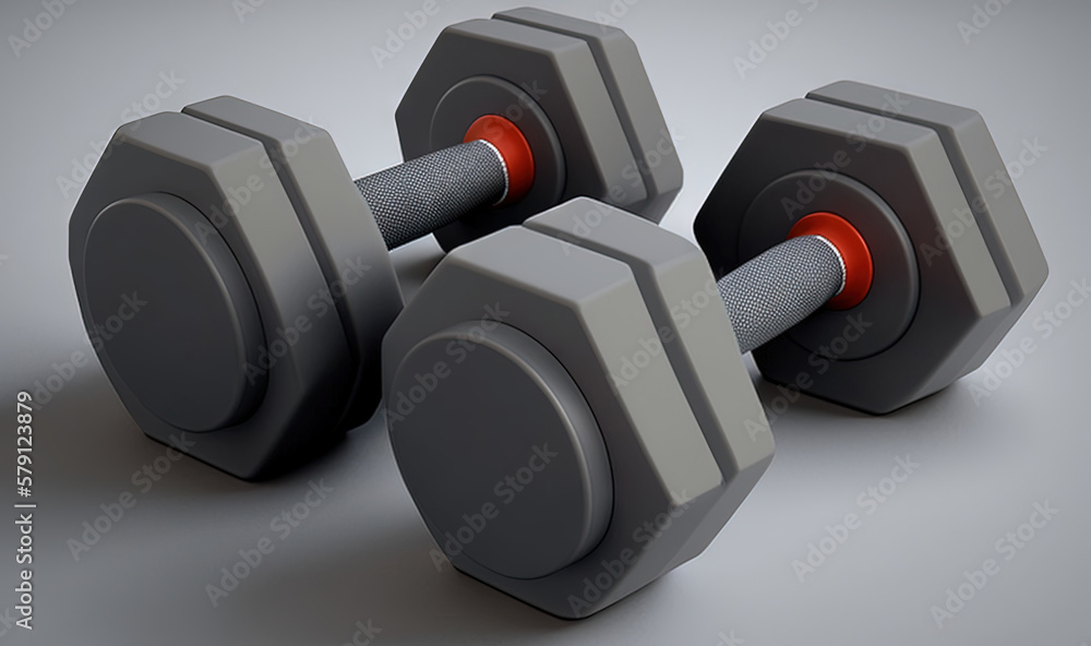  a pair of dumbbells sitting on top of each other on a gray surface with a red light at the end of t