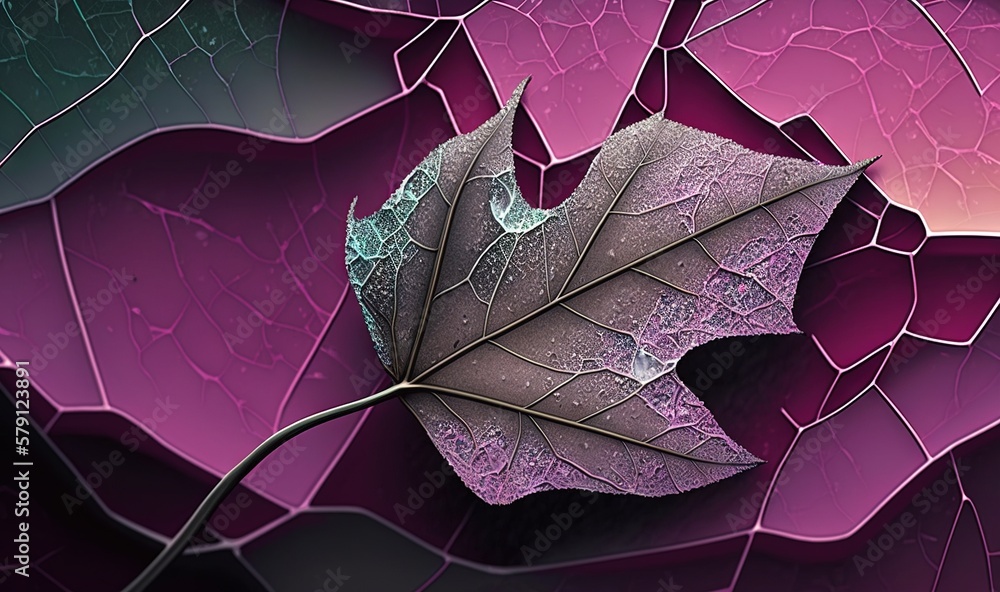  a purple and green leaf on a purple and black background with a pink and green leaf in the center o