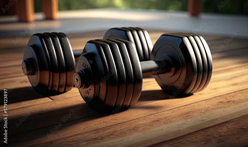  a pair of dumbbells sit on a wooden floor in a gym room with a view of the outside of the room in t