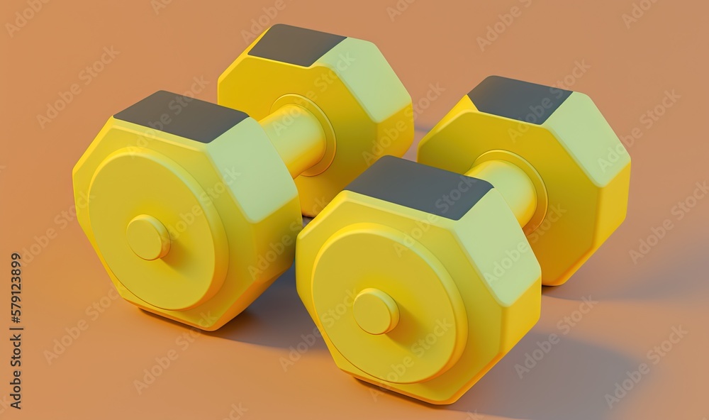  three yellow dumbbells sitting on top of a brown table next to a brown wall with a light orange bac