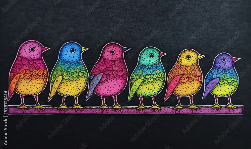  a group of colorful birds sitting on top of a wooden table next to a black wall with a black backgr