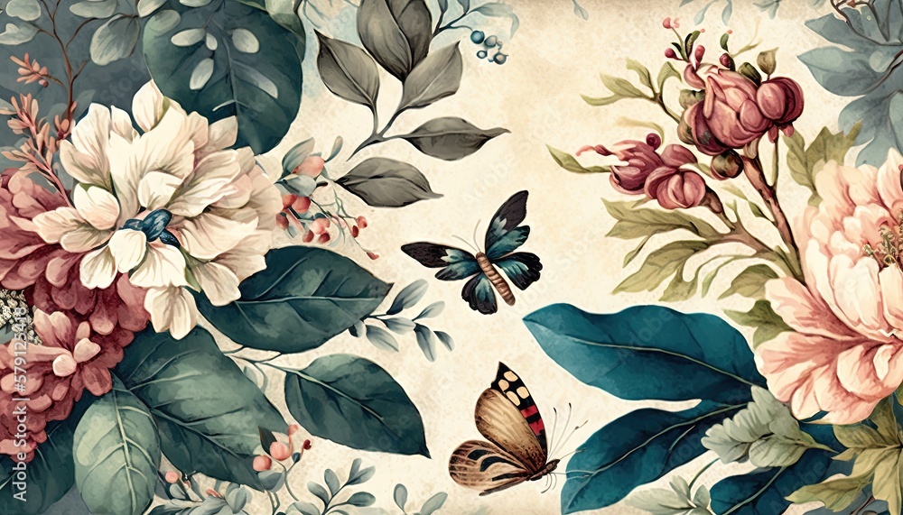  a painting of flowers and butterflies on a white background with blue leaves and flowers on the bot