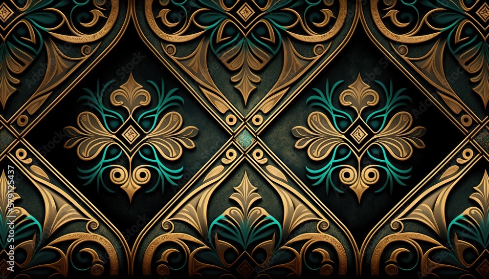  a wallpaper with a gold and blue design on its side and a black background with a gold and blue de