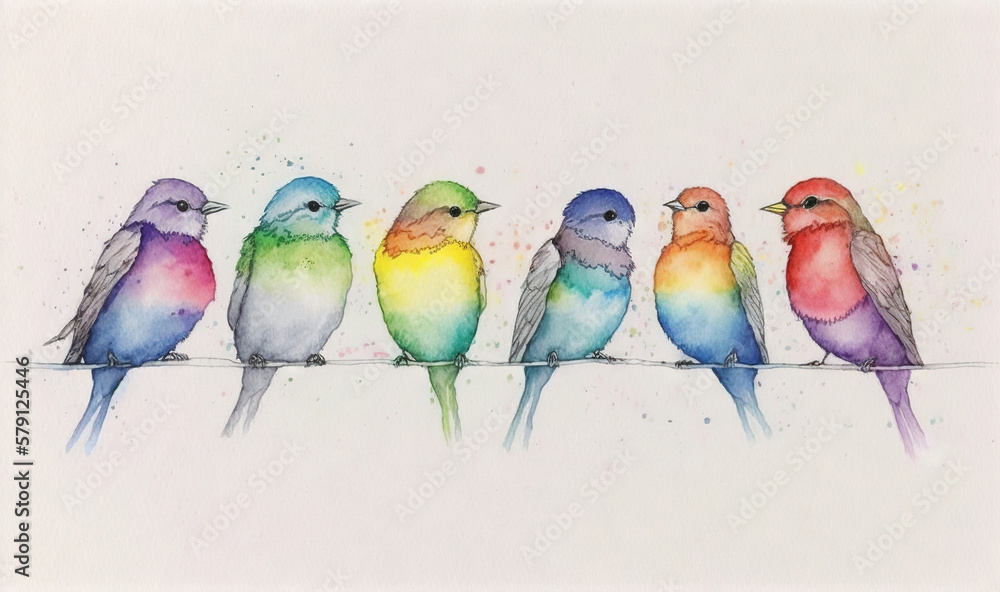  a group of birds sitting on top of a wire next to each other on a white background with watercolor 