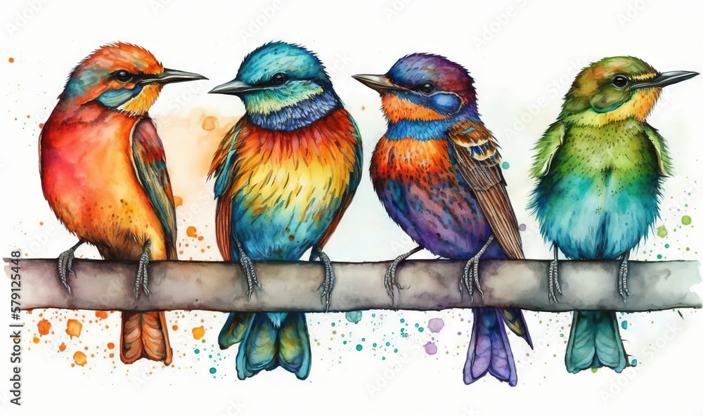  three colorful birds sitting on a branch with watercolor splashs on the back of its wings and the 