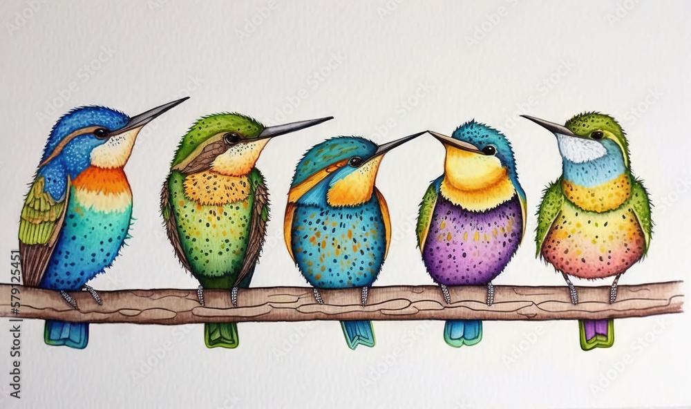  a painting of five colorful birds sitting on a tree branch with a white wall in the background and 