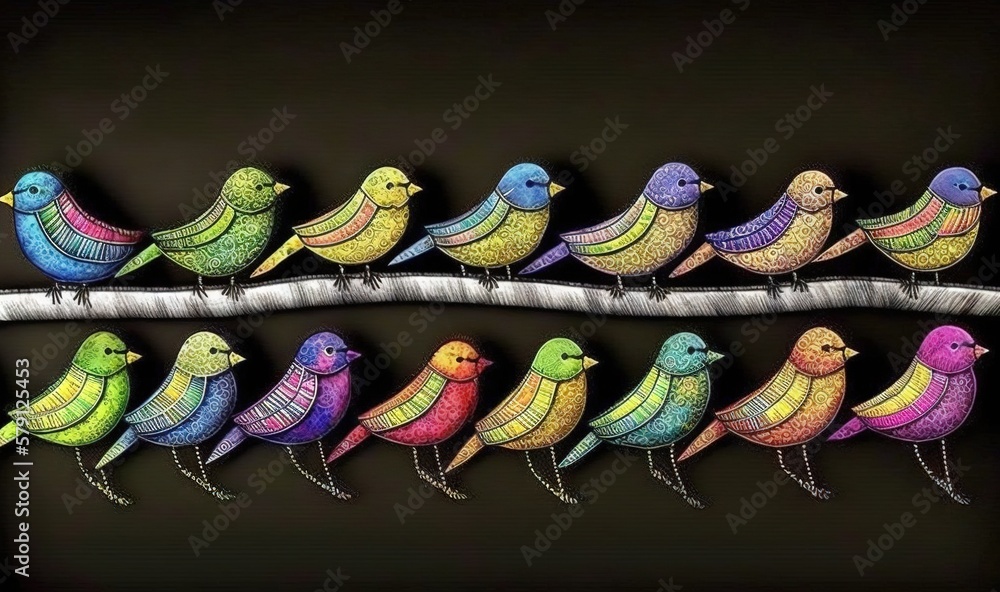  a group of colorful birds sitting on top of a tree branch on a black background with a black backgr