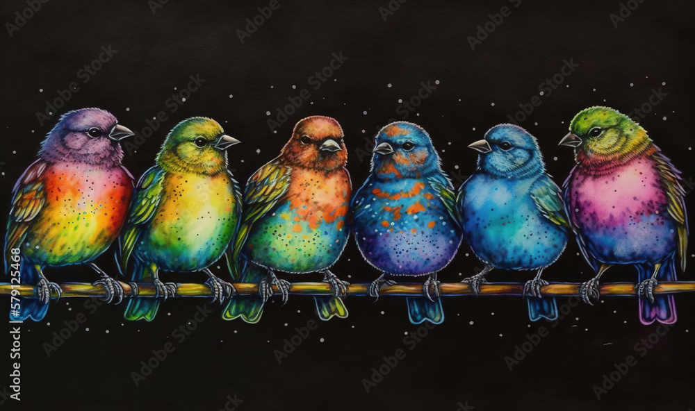  a painting of five colorful birds sitting on a branch in the snow with snowflakes on their wings an