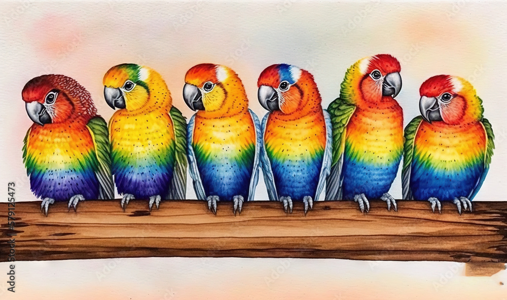  a group of colorful birds sitting on top of a wooden branch in front of a white wall with a pink sk