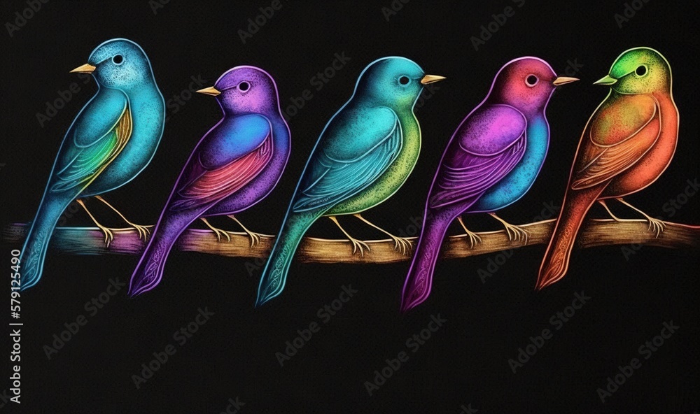  a group of colorful birds sitting on a tree branch on a black background with a black background be