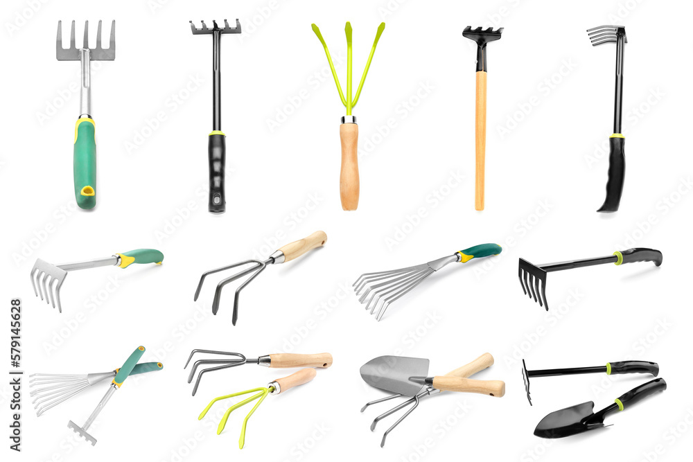 Set of gardening tools on white background