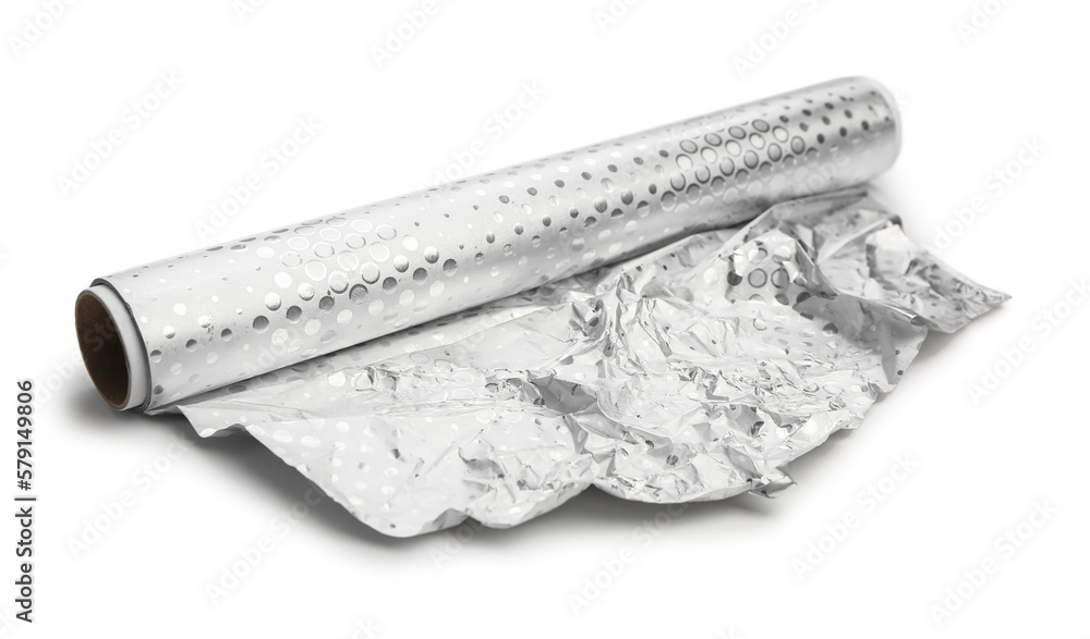 Roll of aluminium foil isolated on white background