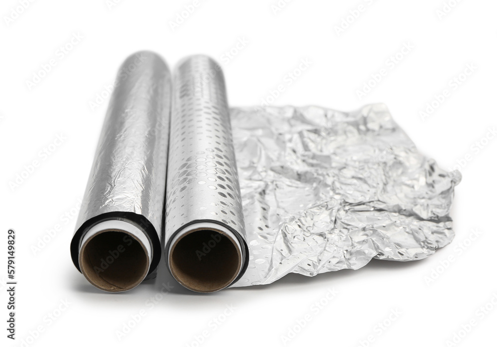 Rolls of aluminium foil on white background