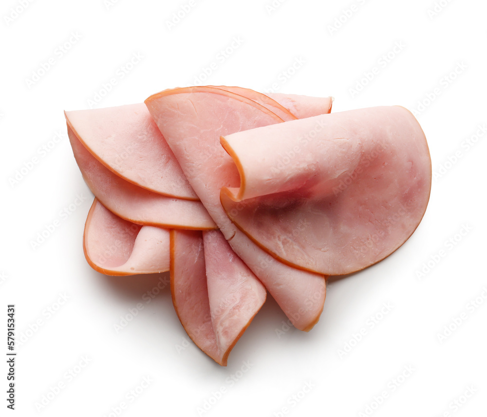 Delicious ham slices isolated on white background