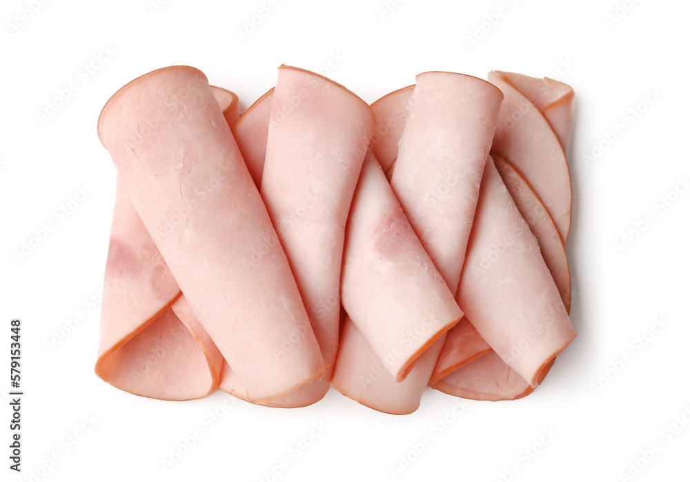 Delicious ham slices isolated on white background