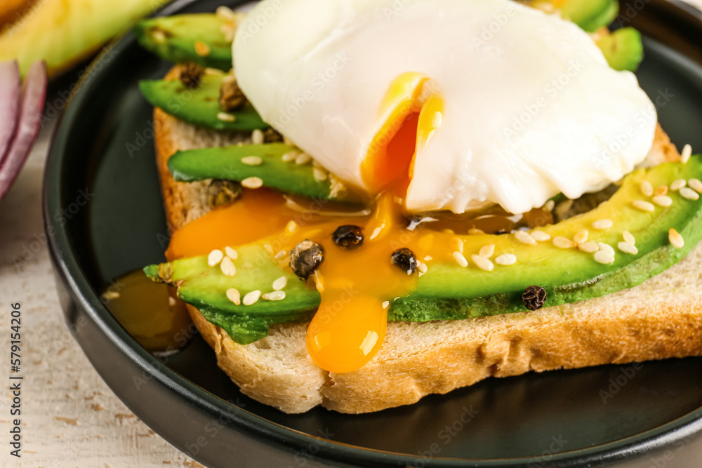 Plate with delicious avocado toast and poached egg, closeup