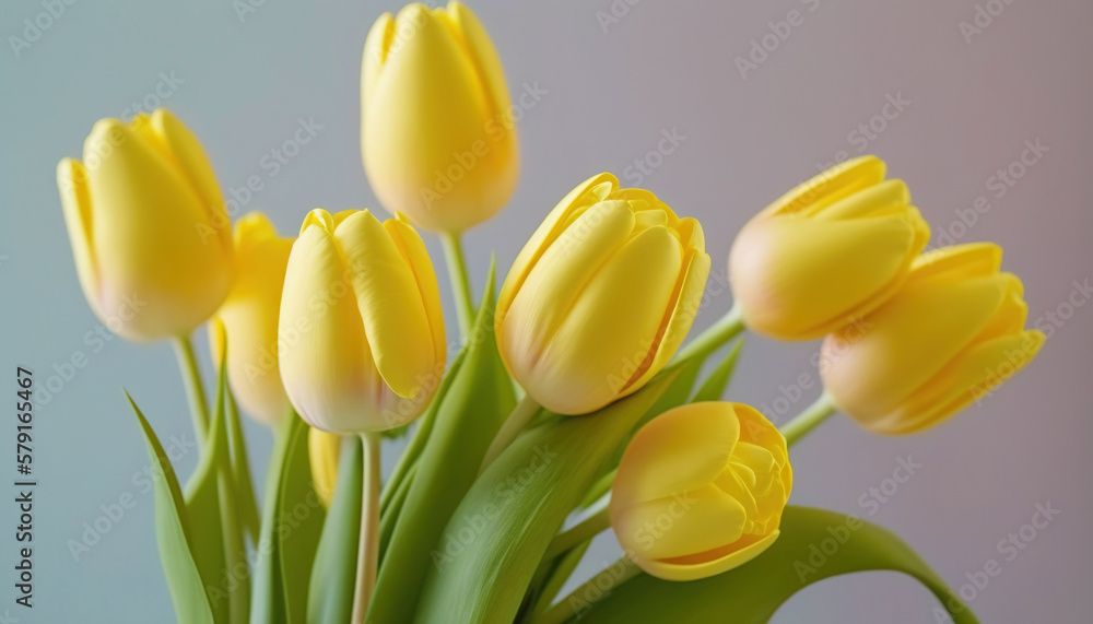 Bouquet of yellow tulips on pastel background. Generative AI