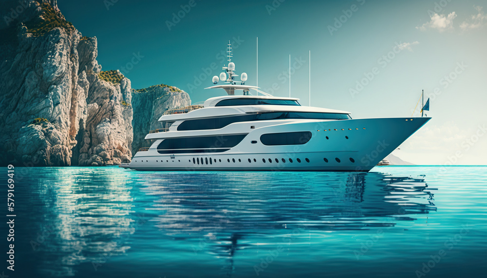 Low angle view on luxury yacht from the paradise turquoise ocean water surface. Sunny day in tropic 