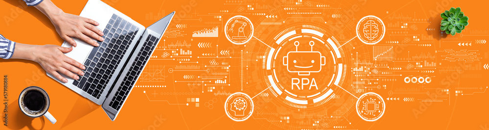 Robotic Process Automation RPA theme with person using a laptop computer