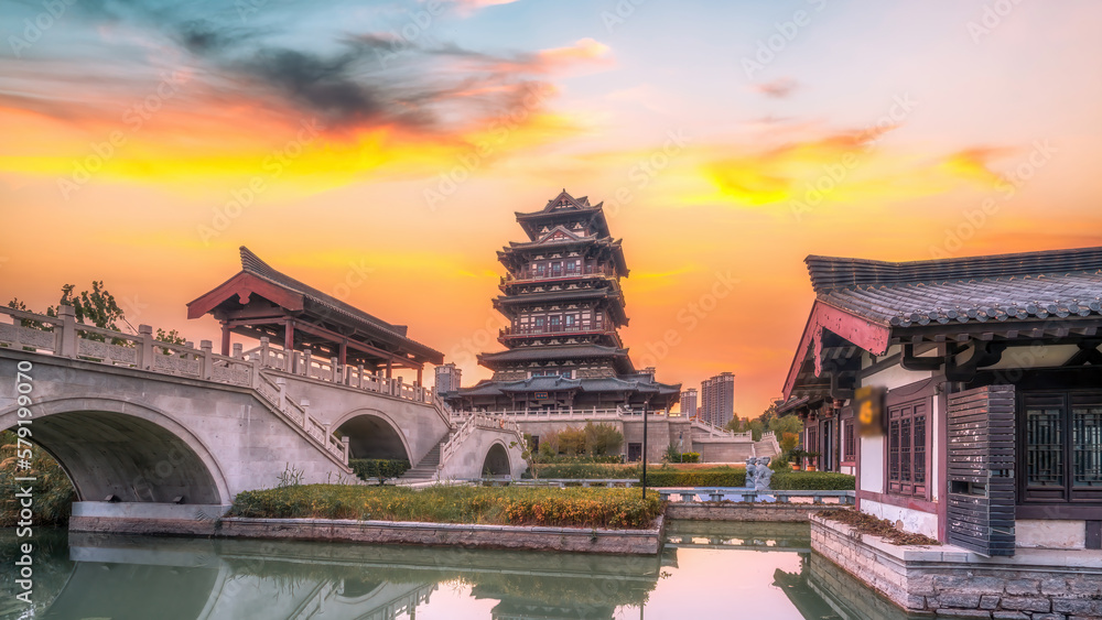 Ancient architectural landscape street view in the old King of Suqian