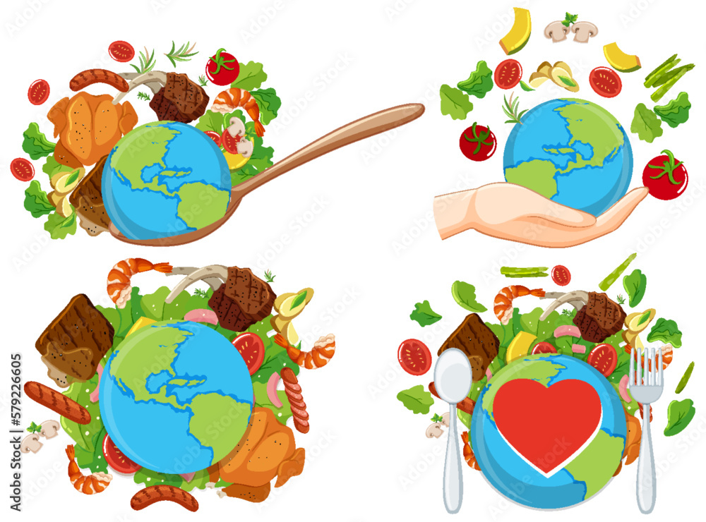 Set of world with healthy food